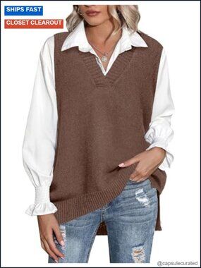 Sleeveless V-Neck Oversized Knit Sweater Vest Fall Outfit